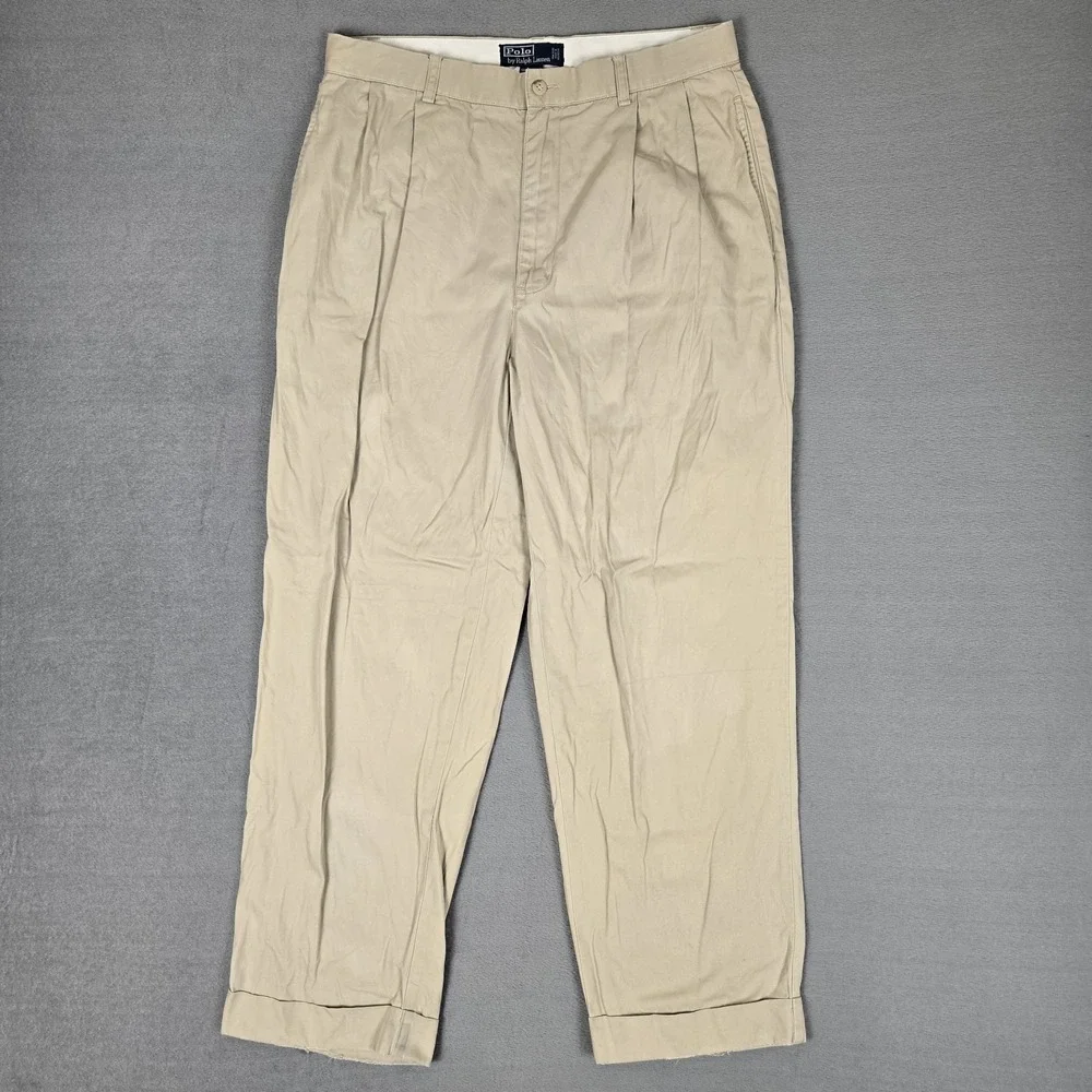 Polo Ralph Lauren Hammond Pant Mens 33x30 Vintage Khaki Pleated Cuffed Y2K
